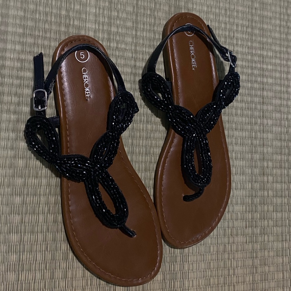 Cherokee Black Braided Sandals with Tan Sole